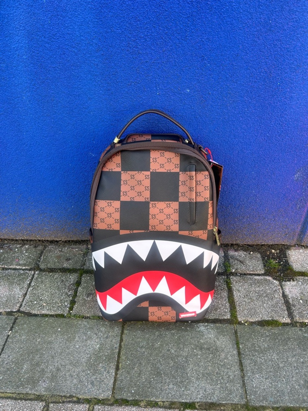 Sprayground Brown Checker Shark-Print Backpack - Men